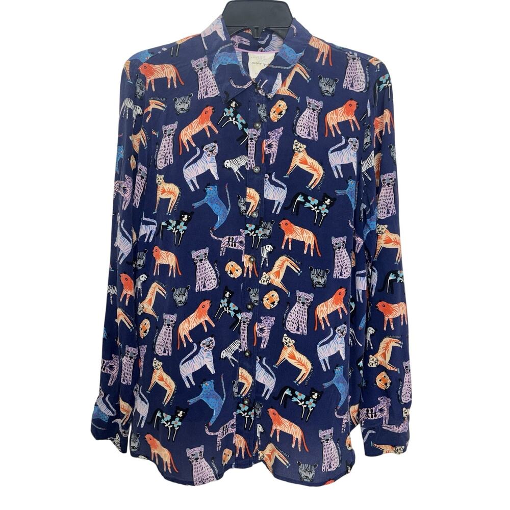 Anthropologie Carolyn Gavin Mariposa 100% Silk Blouse 12 Big Cat Novelty Print - Picture 2 of 8